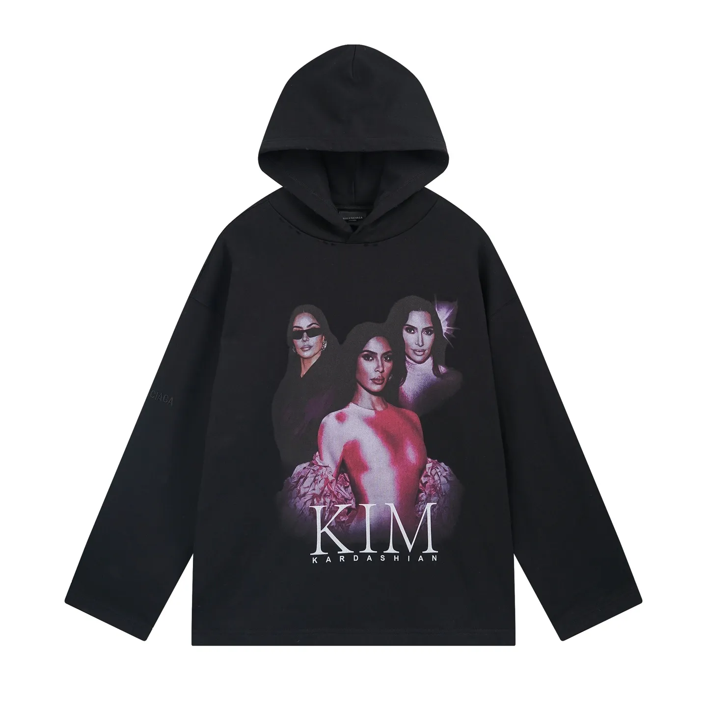 🅿️340 real shots [Top version. Official website quality] BALENCI*GA/25 new model. The front is directly printed with Kardashian's portrait art work, the back is printed with artistic signature, and the right sleeve is embroidered with English frayed distressed hooded sweatshirt, the latest SS25 autumn and winter style. Research and development at the first time, different market currencies. Comparisons welcome. The fabric is made of Paris ZP custom-woven and dyed cotton sweatshirt, with a weight of 460 grams. The cloth surface is clean. The cloth pattern is clear, soft and comfortable. Printing adopts computer direct printing. The garments are washed and worn to make them look old. Jubie market currency. Welcome to compare. The version adopts OS loose shoulder design. Same style for men and women. Code: BL259937 Color: Black Size: XS S M L