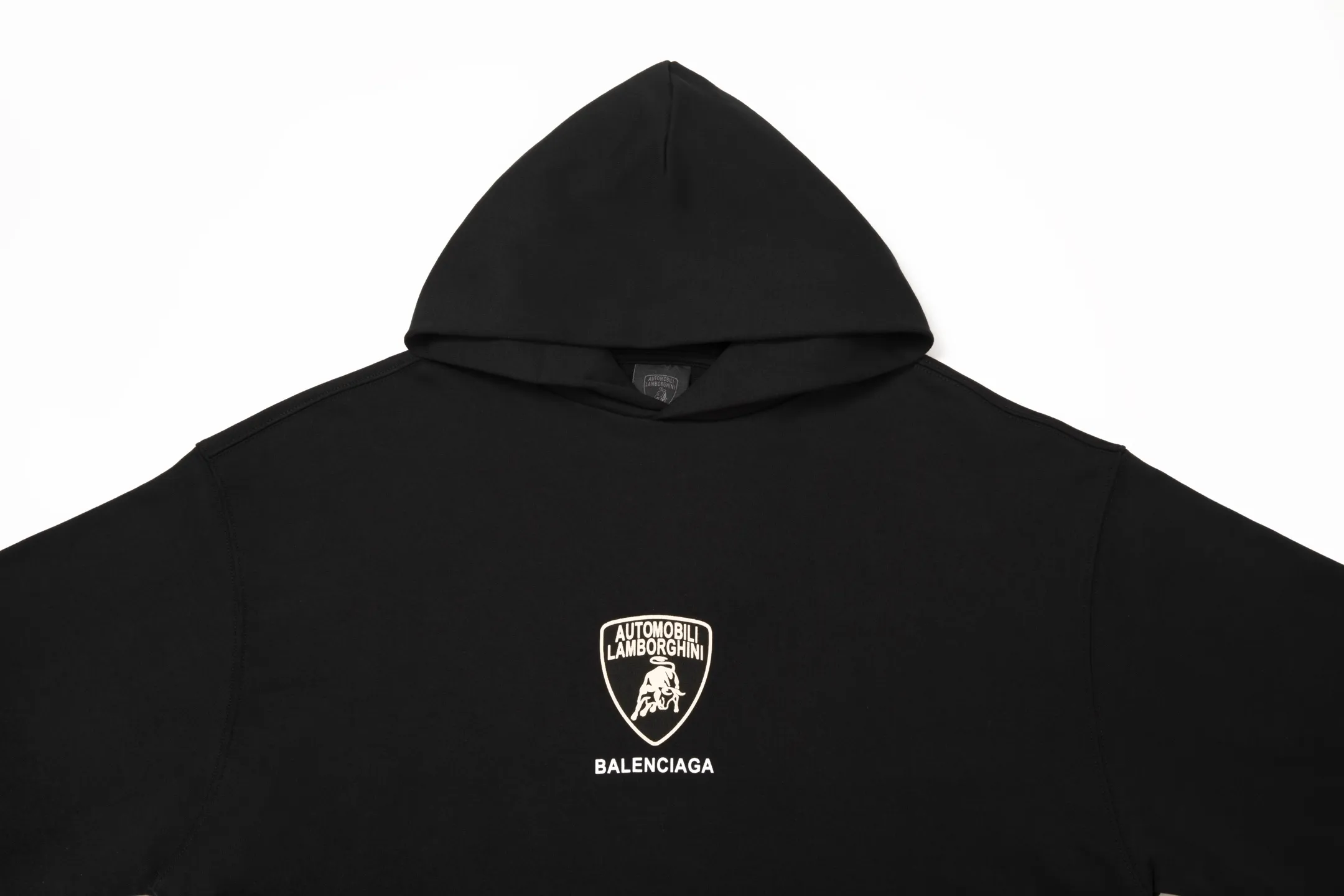 🅿️270 7192# Detailed picture Top version [[BALENCIA*GA] Official website quality Paris new co-branded Lamborghini Lamborghini printed hooded sweatshirt OS version Loose dropped shoulders Unisex Fabric: 480g 100% cotton terry sweatshirt Technology: Front panel printing Garment washing Shape solid color Color: Black Size: XS S M L