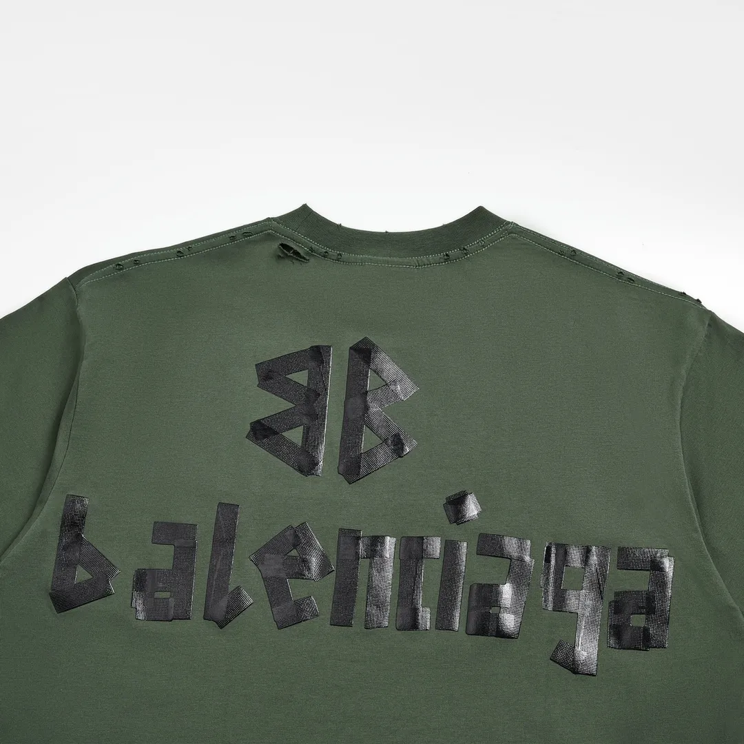 🅿️180 9110# Detailed picture Top version [[BALENCIA*GA] Official website quality Paris new yellow tape bandage digital direct spray short-sleeved T-shirt OS version Loose dropped shoulders Same style for men and women Fabric: 260 grams 100% cotton double yarn Process: Front and rear digital direct spray Garment wash Frayed Distressed Styling Solid color Color: gray blue white washed blue burgundy green black silver Rose Red Khaki Size: XS S M L
