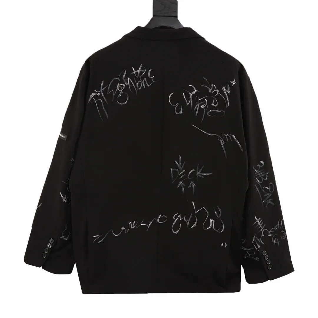 🅿️740 Balenciaga/Balenciaga New Graffiti Jacket Suit Made of wool fabric imported from Italy, large-profile cut with lapel collar shoulder pads, left sleeve decorated with b logo rubber label Ready-to-wear, fully handmade graffiti painting, unisex style, same style for men and women, purchasing version: black gray Size: S-L