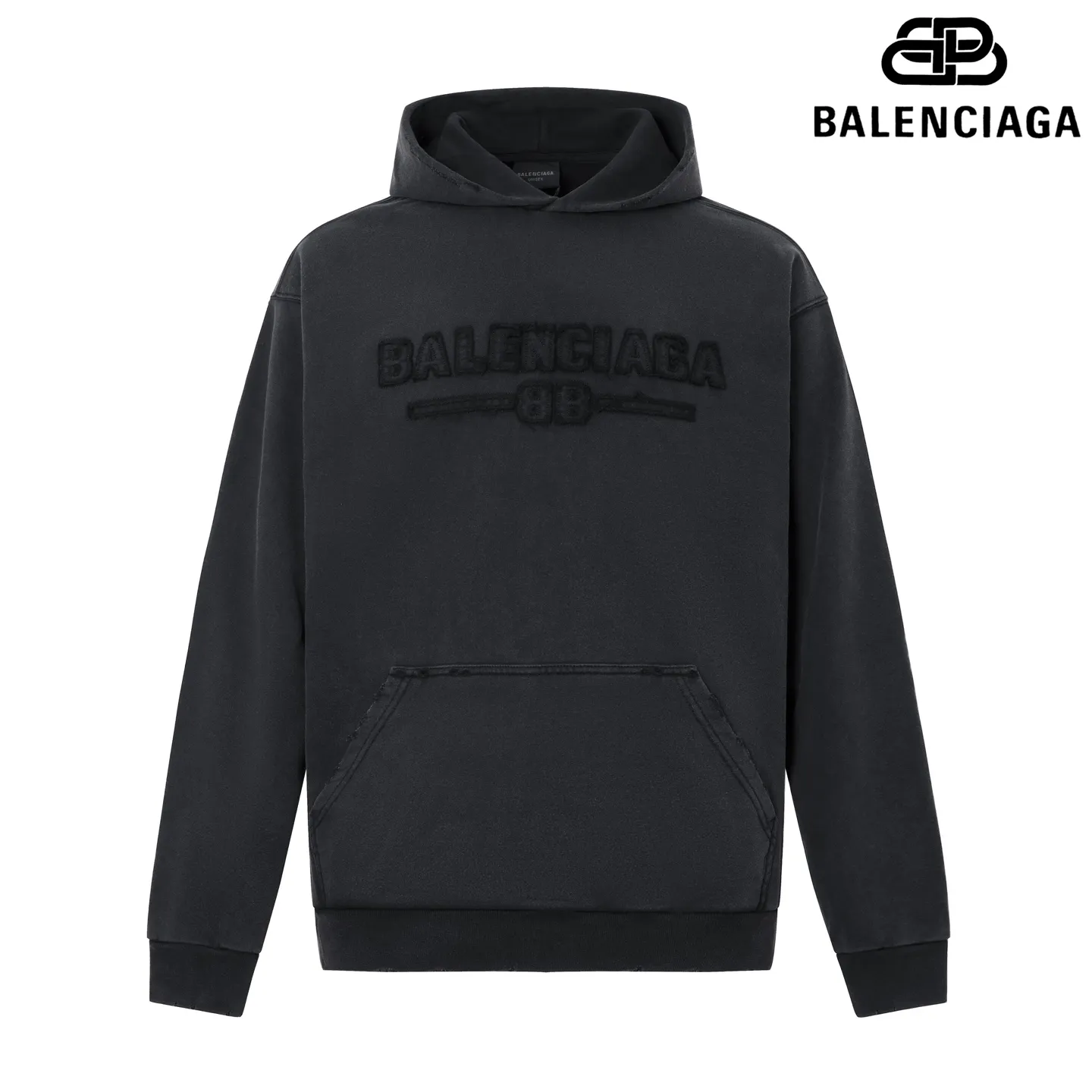 🅿️310 7181# Detailed picture Top version [[BALENCIA*GA] official website quality Paris new letter LOGO front panel embroidered hooded sweatshirt OS version Loose dropped shoulders Unisex style Fabric: 480g 100% cotton terry David sweater (garment wash) Process: front panel embroidery Garment wash Distressed Frayed Styling Fix color Color: Washed black Size: XS S M L