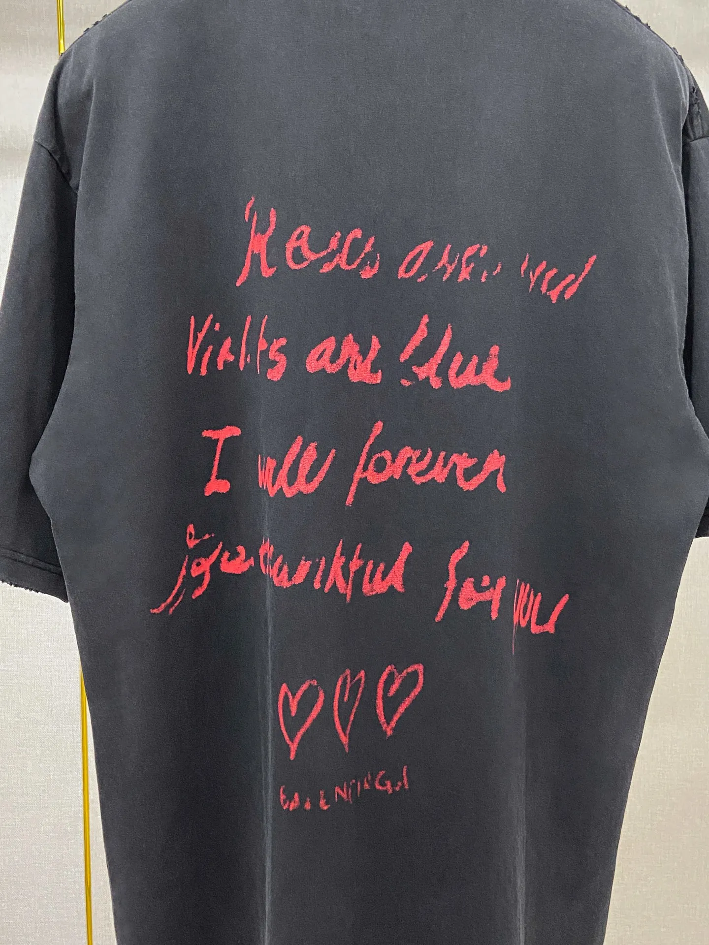 🅿️180 9189# Actual photo top version [[BALENCIA*GA] official website quality Paris's new Chinese Valentine's Day limited edition short-sleeved T-shirt OS version loose dropped shoulders Uniform style for men and women Fabric: 260g 100% cotton double yarn Technology: front and back digital direct printing Garment wash worn distressed fixed color Color: washed black off-white Size: XS S M L
