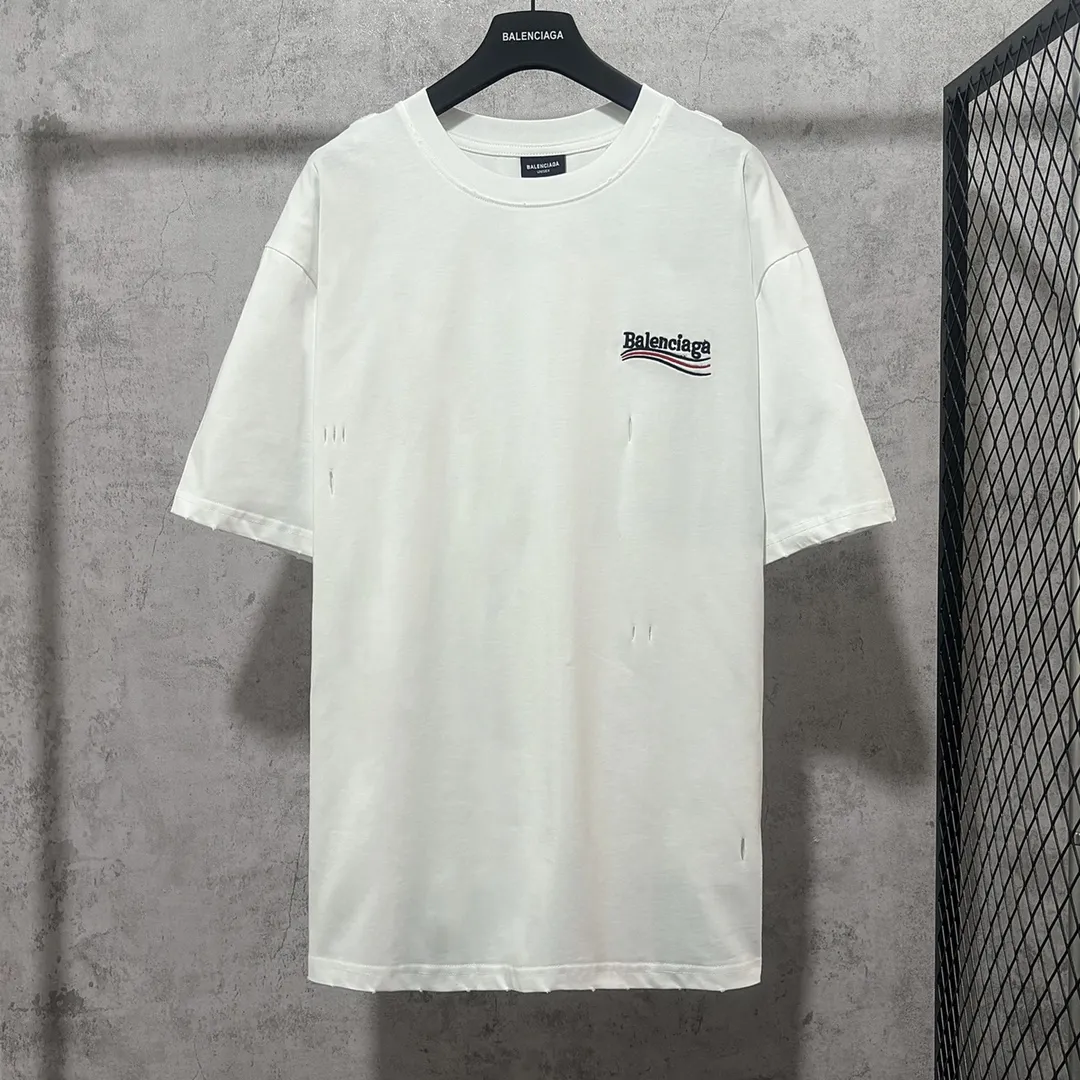 🅿️160 9116# Detailed picture Top version [[BALENCIA*GA] official website quality Paris new Coke embroidered short-sleeved T-shirt OS version Loose dropped shoulders Unisex style Fabric: 260g 100% cotton double yarn Technology: Front and back embroidery Garment washing Shape solid Color: Black White Size: XS S M L