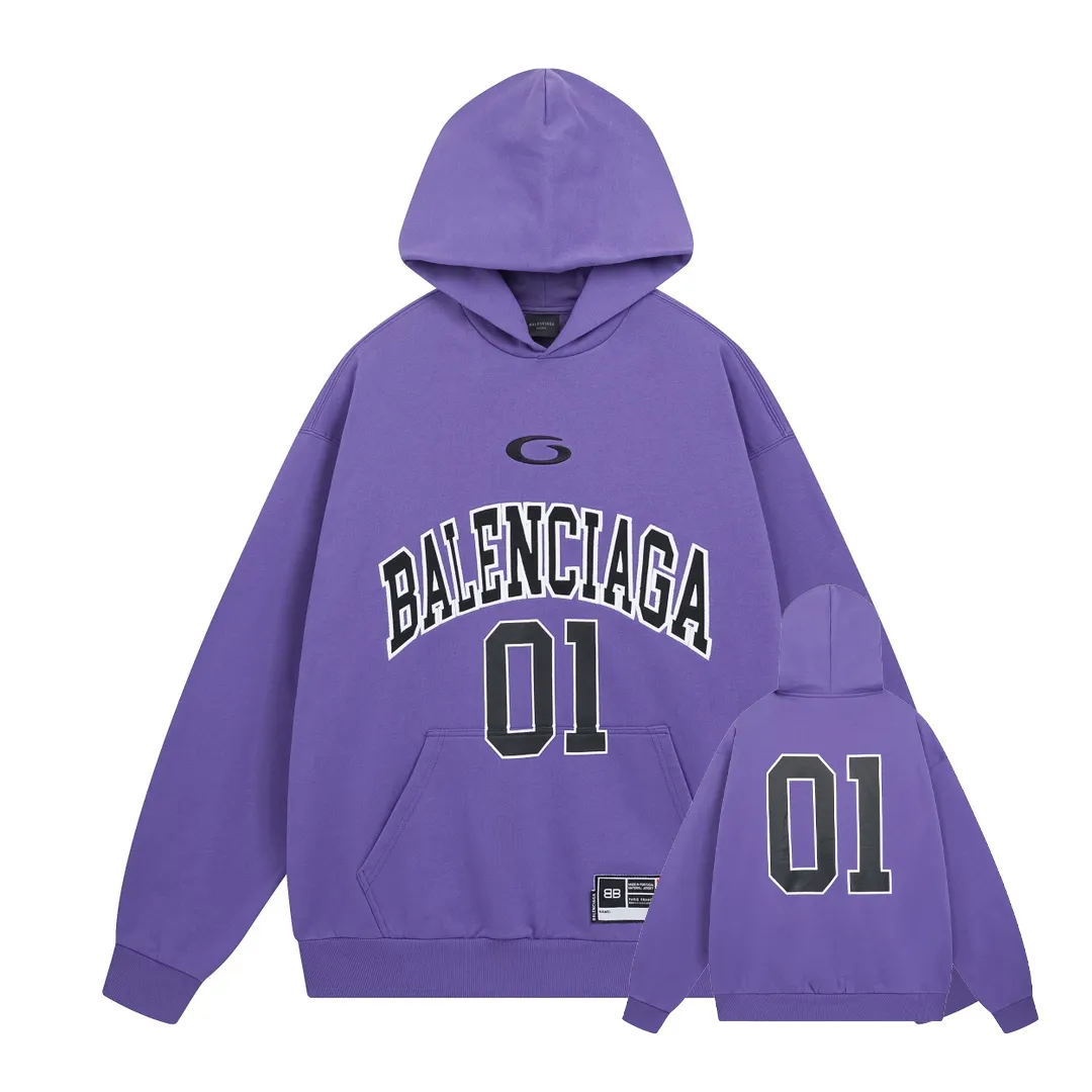 🅿️380 BALENCI*GA Paris' latest basketball jersey embroidered printed hooded long-sleeved sweatshirt. The front embroidery is embroidered and printed with a Tajima computer embroidery machine. The car seal is printed on the lower left corner and the back panel is printed. The effect is three-dimensional. Exclusively woven and dyed 460g fabric. Threads are dyed in the same cylinder with zero color difference. Brick cabinet synchronization. Welcome to compare. Same style for men and women -Color: black purple -SIZE: Xs S M L Style number 8956#