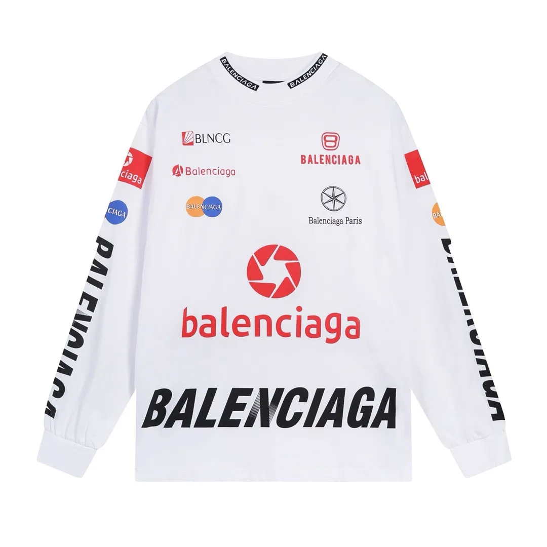 🅿️220 real photos [Top version. Official website quality] BALENCI*GA/Paris BALENCI*GA#2024 latest model, multiple LoGO classic prints, collar embroidery, ready-to-wear worn long-sleeved T-shirts. Brick cabinet synchronization. Genuine products are developed and developed in the first time. Welcome to compare! Notice! ️The authentic product is worn and worn throughout. The fabric is made of Paris ZP custom-woven and dyed 100% cotton with double yarns and compact cotton. The weight is 260 grams. The cloth surface is clean. The cloth pattern is clear. It is soft and comfortable. It has good color fastness and is not easy to change color. The threads are woven and dyed with no color difference. The printing is done by computer direct printing, and the rib embroidery on the front collar has a three-dimensional effect. The garment is distressed and worn, with ultra-high craftsmanship. The version adopts the OS loose shoulder style. Same style for men and women. Coding: BL225011 Color: white, dark gray blue Size: XS S M L