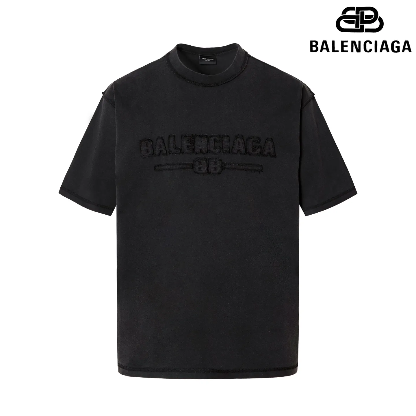 🅿️190 9181# Detailed picture Top version [[BALENCIA*GA] official website quality Paris new letter LOGO chest patch embroidery short-sleeved T-shirt OS version Loose dropped shoulders Unisex style Fabric: 260g 100% cotton double yarn Technology: Front patch embroidery Reverse stitching Garment wash Distressed Shaping Solid color Color: Washed black, fog blue, green Size: XS S M L