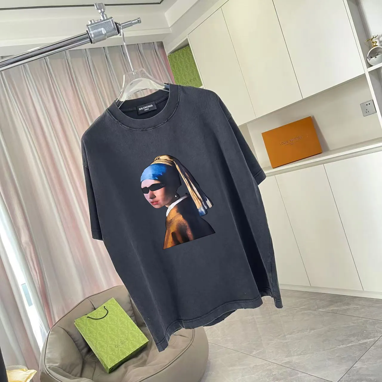 🅿️190 BALENCI*GA Paris 2025 summer new style, washed, distressed, spray-painted, personalized letter logo printing, customized fabric 320g, short-sleeved T-shirt, same style for men and women, size: S M L XL XXL five codes, color: black, white, gradient black, gradient red