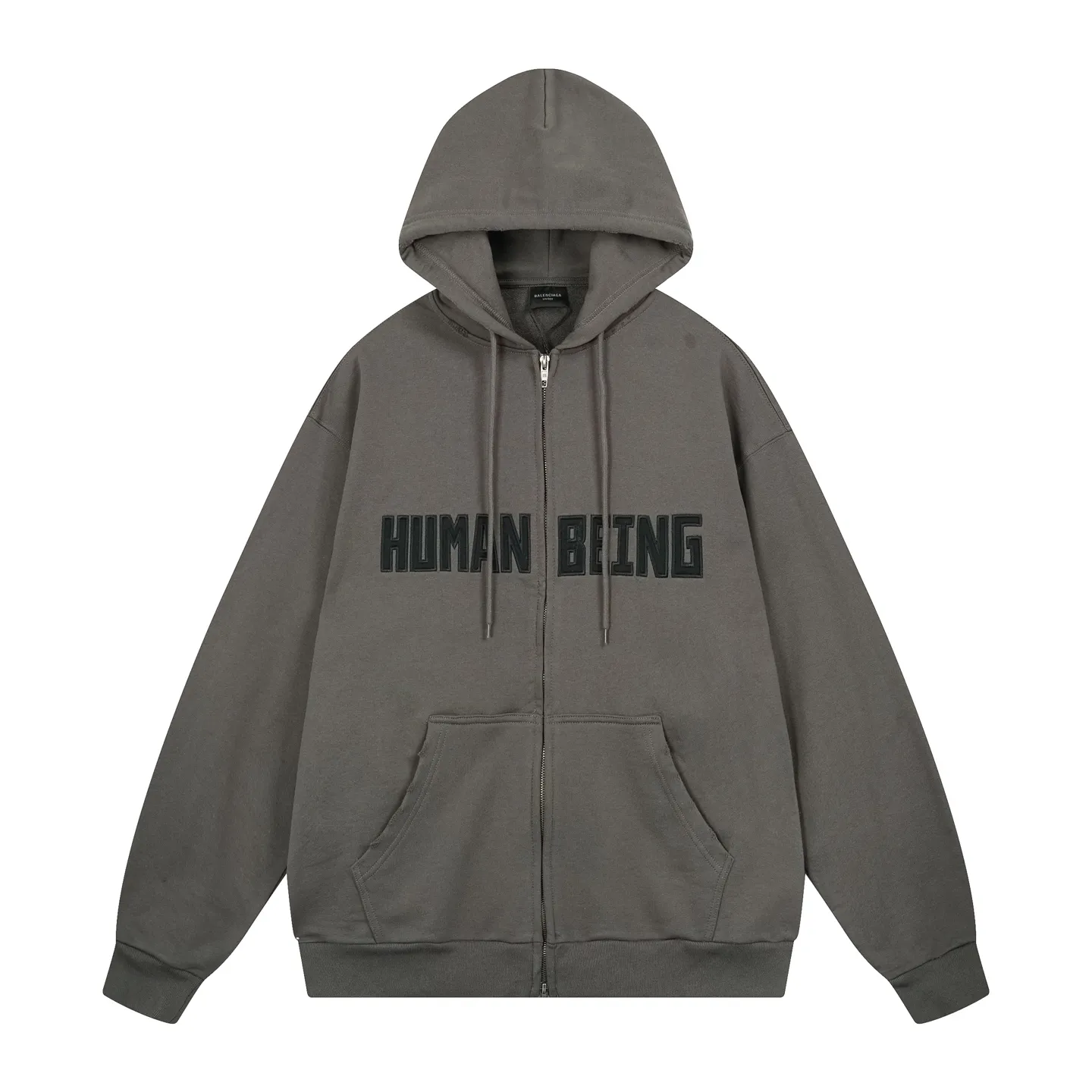 🅿️370 real photos [Top version. Official website quality] BALENCI*GA/Paris. 2025 new model. HUMAN BEING letter patch embroidered hooded zipper cardigan sweatshirt. Brick cabinets are synchronized. Genuine products are developed at the first time, and you can print and compare! The fabric is made of Paris ZP custom-woven and dyed cotton sweatshirt. Weighing 460 grams, the cloth surface is clean. The cloth pattern is clear, soft and comfortable. The threads are dyed with no color difference. The embroidery is done on a genuine Tajima embroidery machine. The letters are clear and the effect is three-dimensional. The version adopts OS loose shoulder design. Same style for men and women. Code: BL259938 Color: Smoke Gray Size: XS S M L