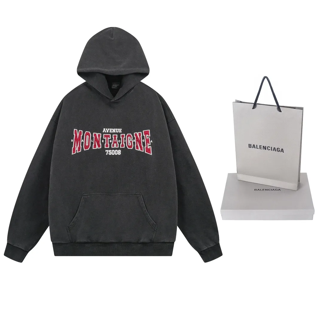 🅿️320 real shots [Top version. Official website quality] BALENCI*GA/Paris. 2024 new model. Montaigne artistic 10,000-needle appliqué embroidery on the front, washed and distressed hooded sweatshirt. Brick cabinet synchronization. Genuine product developed at the first time, please print and compare! The fabric is made of Paris ZP custom-woven and dyed cotton terry sweatshirt. Weighing 460 grams, the cloth surface is clean. The cloth pattern is clear, soft and comfortable. The threads are dyed with no color difference. The embroidery is done using imported Tajima embroidery machines. The letters are clear and the effect is three-dimensional. The entire garment is washed and distressed. The version adopts OS loose shoulder design. Same style for men and women. Code: BL238910 Color: washed black Size: XS. S. M. L