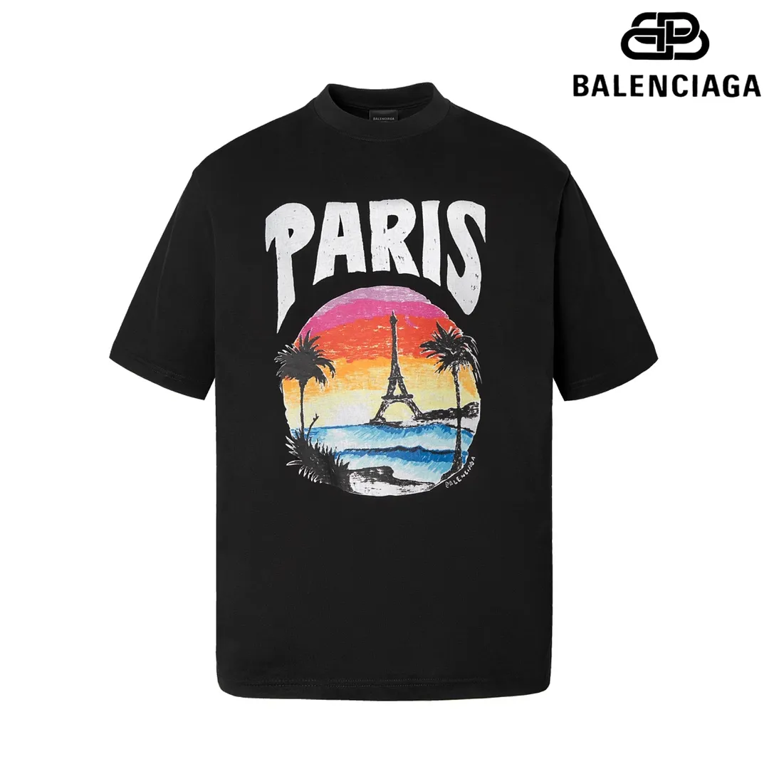 🅿️170 9125# Detailed picture Top version [[BALENCIA*GA] official website quality Paris New Hawaiian Sunset Coconut Tree Tower LOGI printed short-sleeved T-shirt OS version Loose dropped shoulders Unisex fabric: 260 grams 100% cotton double yarn Technology: front and rear panel printing Garment washing Shape solid color Color: black white Size: XS S M L