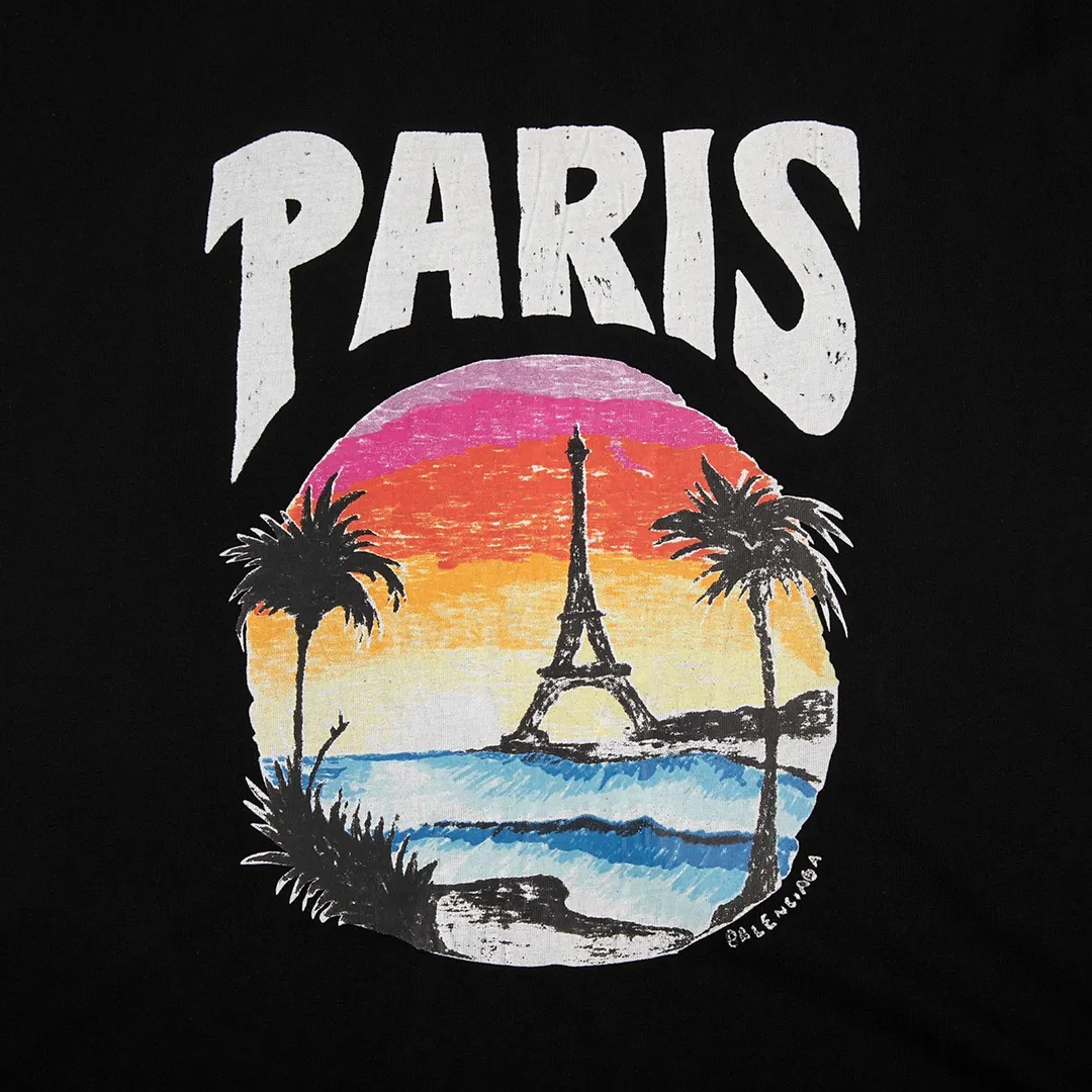 🅿️170 9125# Detailed picture Top version [[BALENCIA*GA] official website quality Paris New Hawaiian Sunset Coconut Tree Tower LOGI printed short-sleeved T-shirt OS version Loose dropped shoulders Unisex fabric: 260 grams 100% cotton double yarn Technology: front and rear panel printing Garment washing Shape solid color Color: black white Size: XS S M L