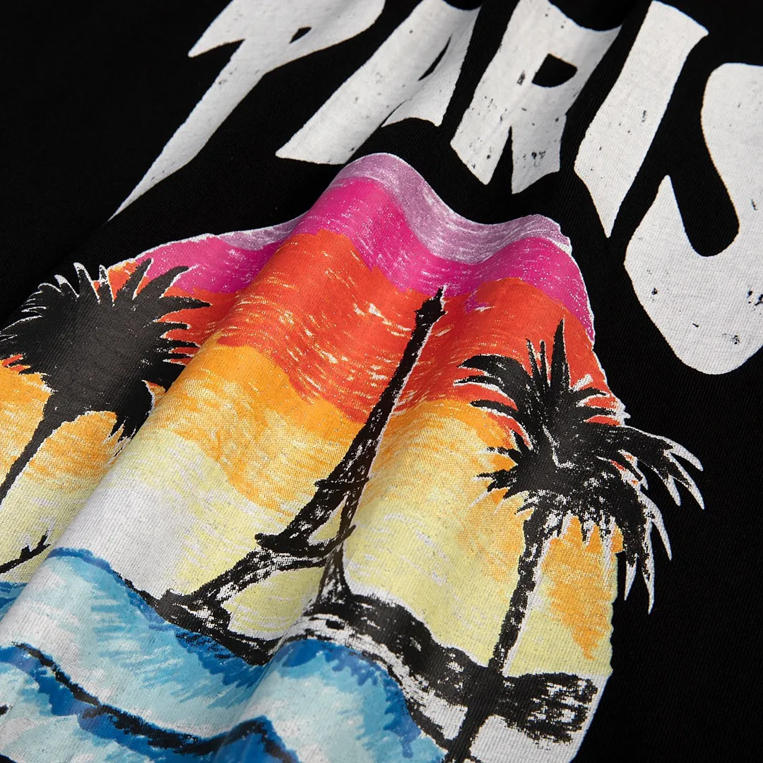 🅿️170 9125# Detailed picture Top version [[BALENCIA*GA] official website quality Paris New Hawaiian Sunset Coconut Tree Tower LOGI printed short-sleeved T-shirt OS version Loose dropped shoulders Unisex fabric: 260 grams 100% cotton double yarn Technology: front and rear panel printing Garment washing Shape solid color Color: black white Size: XS S M L