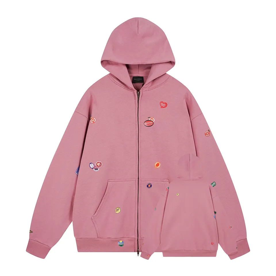 🅿️450 - BALENCI*GA Paris fruit pattern Vintage hooded zipper sweatshirt. Growth positioning fixed point computer spray printing and embossing. Manual master positioning and fixed point grinding. Customized matching hardware. Clear letters. Three-dimensional effect. Exclusive pattern matching, custom weaving and dyeing 460g fabric. Threads are dyed in the same cylinder with zero color difference. Brick cabinet synchronization. Welcome to compare. Same style for men and women -Color: gray pink -SIZE: Xs S M L Style number 8979#