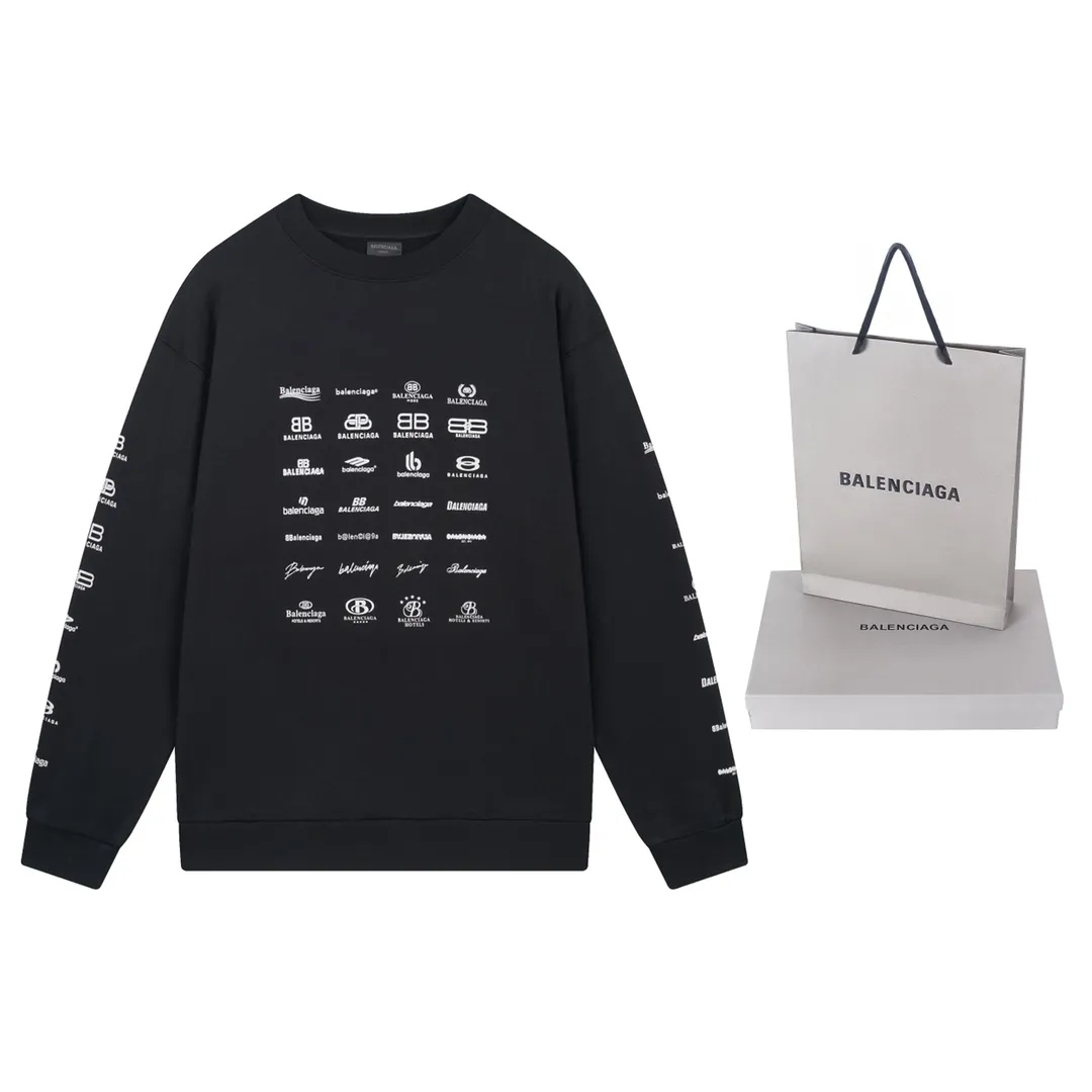 🅿️250 Detailed picture [Top version. Official website quality] BALENCI*GA/Paris BALENCI*GA# 2024 spring and summer new style, long-sleeved round neck sweatshirt with classic LOGO printed all over it. 2024 spring and summer new product. Brick cabinet synchronization. Welcome to compare. The fabric is made of Paris ZP custom-woven and dyed cotton sweatshirt. The weight is 450 grams, the cloth surface is clean, the cloth texture is clear, soft and comfortable. The color fastness is good. It is not easy to change color. The threads are woven and dyed with no color difference. The printing uses imported environmentally friendly rubber paddles, precision stencils, fine LOGO letters, clear letters, no burrs, and a three-dimensional effect. Restore brick cabinet. The version adopts OS loose shoulder style. Same style for men and women. Code: BL235563 Color: black, Mi Xing Size: XS S M L