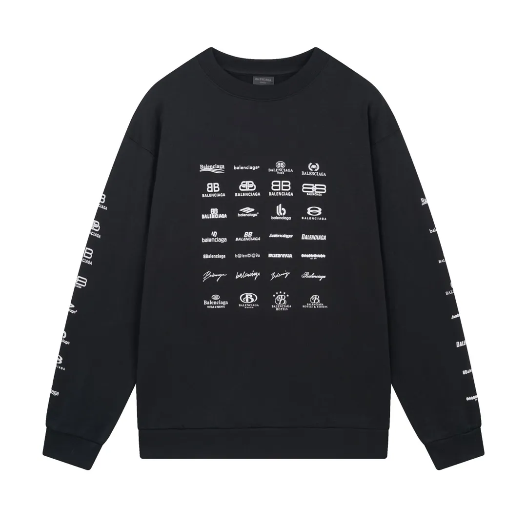 🅿️250 Detailed picture [Top version. Official website quality] BALENCI*GA/Paris BALENCI*GA# 2024 spring and summer new style, long-sleeved round neck sweatshirt with classic LOGO printed all over it. 2024 spring and summer new product. Brick cabinet synchronization. Welcome to compare. The fabric is made of Paris ZP custom-woven and dyed cotton sweatshirt. The weight is 450 grams, the cloth surface is clean, the cloth texture is clear, soft and comfortable. The color fastness is good. It is not easy to change color. The threads are woven and dyed with no color difference. The printing uses imported environmentally friendly rubber paddles, precision stencils, fine LOGO letters, clear letters, no burrs, and a three-dimensional effect. Restore brick cabinet. The version adopts OS loose shoulder style. Same style for men and women. Code: BL235563 Color: black, Mi Xing Size: XS S M L