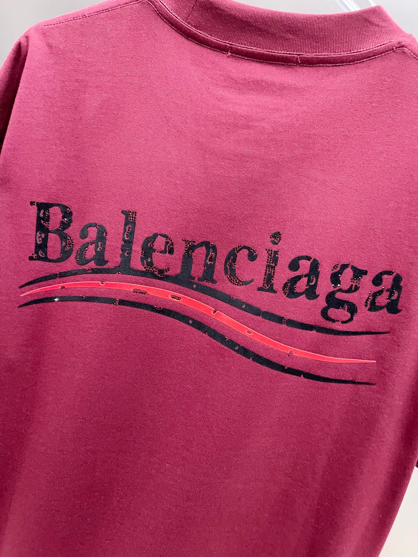 🅿️190 BAL Balenciaga 2025 autumn and winter new short-sleeved T-shirt, classic Coke logo printing + hot diamond process, loose version for men and women, S M L XL XXL, five sizes, color: black, white, Angora red