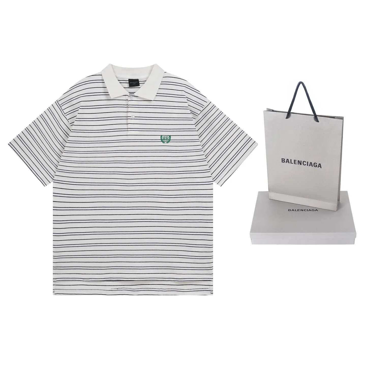 🅿️220 real photos [Top version. Official website quality] BALENCI*GA/Paris #2025 new simple striped chest embroidered POLO shirt, full of design, seamless side strips, heavy production.  Welcome to compare. The fabric is made of Paris ZP custom-woven and dyed cotton pique, with a weight of 260 grams. The cloth surface is clean. The cloth pattern is clear, soft and comfortable. The threads are woven and dyed with no color difference. The embroidered LOGO is embroidered using imported Tajima embroidery machine. The effect is three-dimensional. Restore brick cabinet, adopt OS loose shoulder style. Same style for men and women. Code: BL252206 Color: blue, white Size: XS S M L