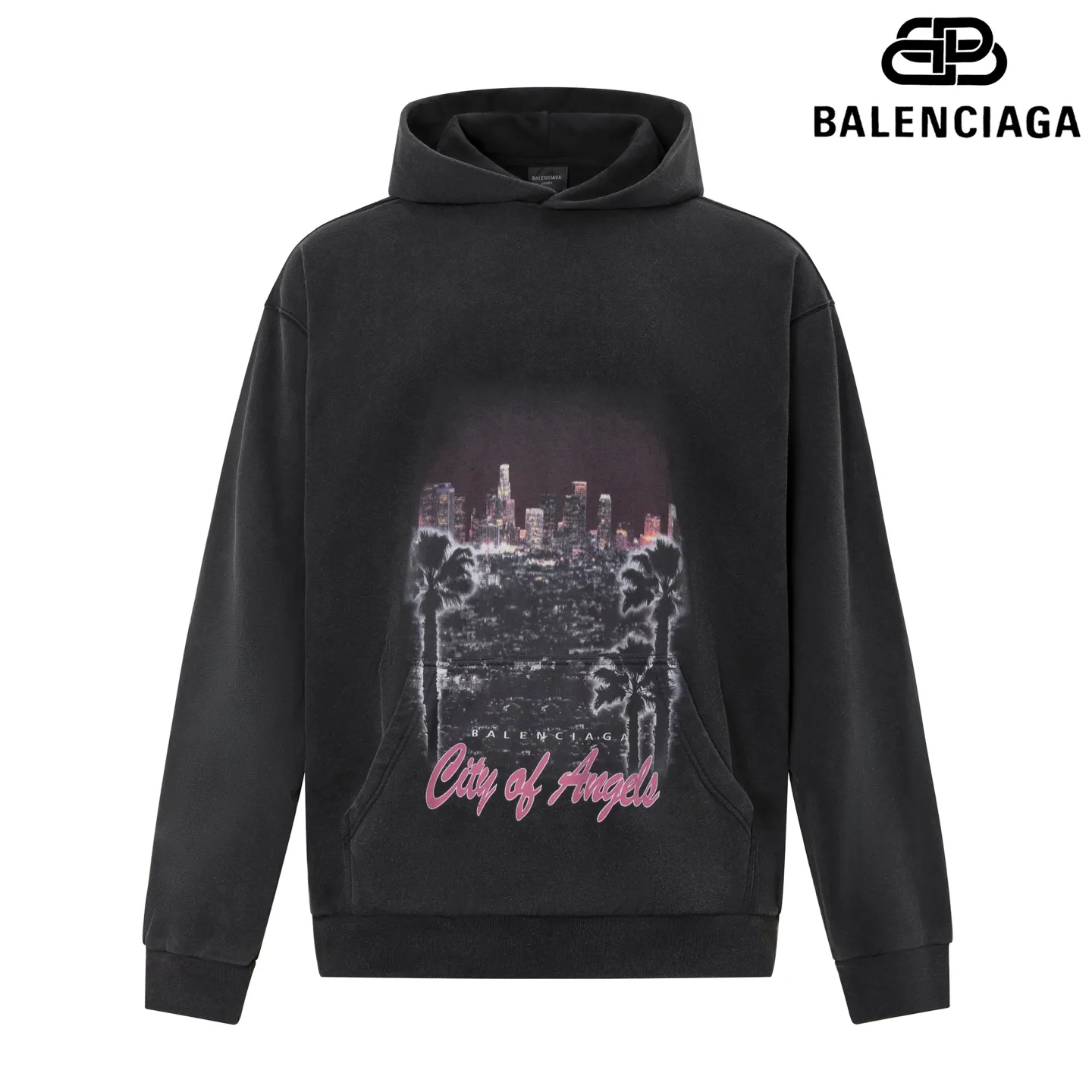 🅿️320 7205# Detailed picture Top version [[BALENCIA*GA] Official website quality Paris New Los Angeles Night Scene Hooded Sweatshirt OS version Loose dropped shoulders Unisex style Fabric: 480g 100% cotton terry David sweater Technology: Front panel digital direct printing Garment wash Distressed Shape solid color Color: Washed black apricot Size: XS S M L
