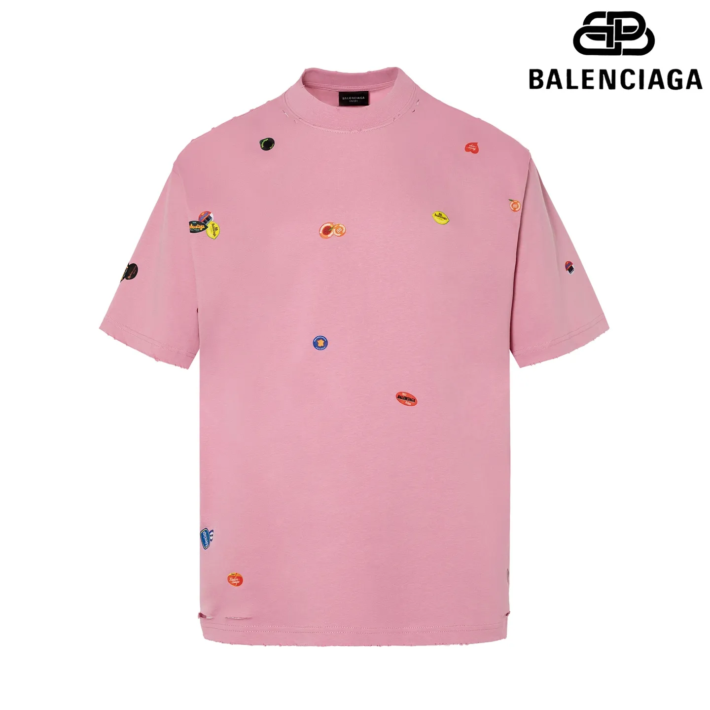 🅿️200 9191# Detailed picture Top version [[BALENCIA*GA] official website quality Paris new co-branded Vintage fruit pattern printed short-sleeved T-shirt OS version Loose dropped shoulders Unisex style Fabric: 260g 100% cotton double yarn Craftsmanship: front and back panels, left and right sleeves heat transfer, garment wash, distressed, distressed, fixed color Color: floral gray pink Size: XS S M L
