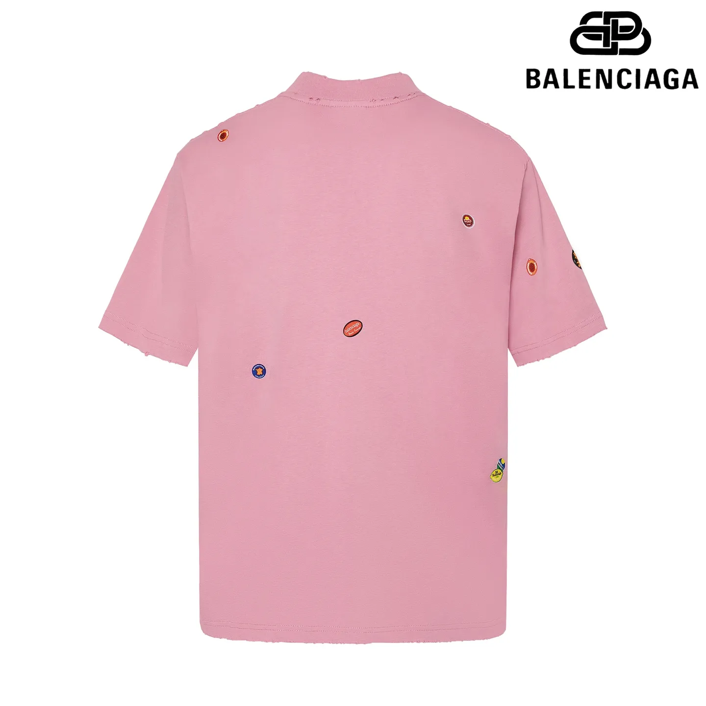 🅿️200 9191# Detailed picture Top version [[BALENCIA*GA] official website quality Paris new co-branded Vintage fruit pattern printed short-sleeved T-shirt OS version Loose dropped shoulders Unisex style Fabric: 260g 100% cotton double yarn Craftsmanship: front and back panels, left and right sleeves heat transfer, garment wash, distressed, distressed, fixed color Color: floral gray pink Size: XS S M L
