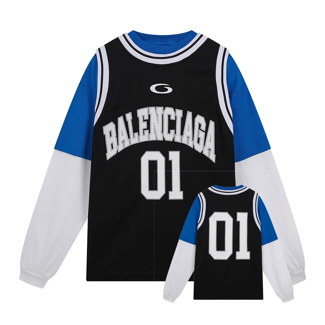 🅿️330 BALENCI*GA Paris basketball jersey fake 3-piece long-sleeved T-shirt. The front panel is made of imported Tajima machine patchwork, embroidery and printing. The back panel is printed. The vest is made of mesh. Overweight process. Restore brick cabinet. Exclusively pattern-woven and dyed 280g fabric. Threads are dyed in the same cylinder with zero color difference. The version adopts OS loose shoulder-drop pattern. Welcome to compare. Same style for men and women -Color: black red -SIZE: Xs S M L style number 8641#
