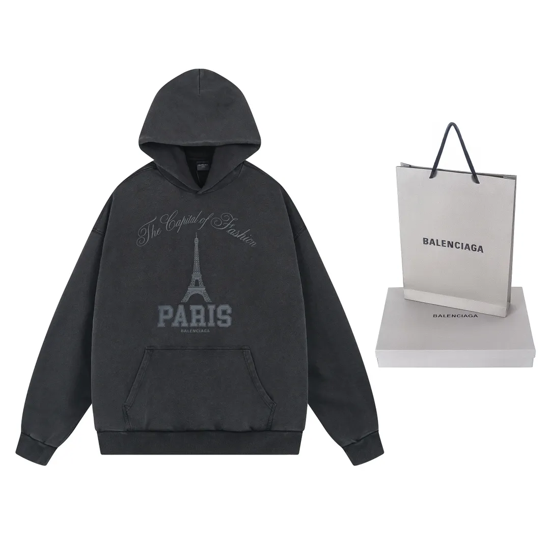 🅿️320 real shots [Top version. Official website quality] BALENCI*GA/Paris. 2024 new model. Front iron tower art print washed and distressed hooded sweatshirt. Brick cabinet synchronization. Genuine product developed at the first time, please print and compare! The fabric is made of Paris ZP custom-woven and dyed cotton sweatshirt. Weighing 460 grams, the cloth surface is clean. The cloth pattern is clear, soft and comfortable. The threads are dyed with no color difference. The printing is made of environmentally friendly imported materials. The letters are clear and the effect is three-dimensional. The entire garment is washed and distressed. The version adopts OS loose shoulder design. Same style for men and women. Code: BL238909 Color: washed black Size: XS. S. M. L