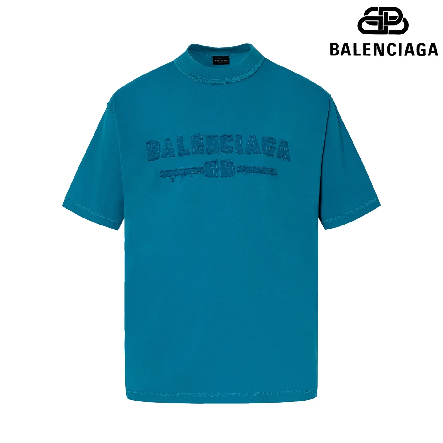 🅿️190 9181# Detailed picture Top version [[BALENCIA*GA] official website quality Paris new letter LOGO chest patch embroidery short-sleeved T-shirt OS version Loose dropped shoulders Unisex style Fabric: 260g 100% cotton double yarn Technology: Front patch embroidery Reverse stitching Garment wash Distressed Shaping Solid color Color: Washed black, fog blue, green Size: XS S M L