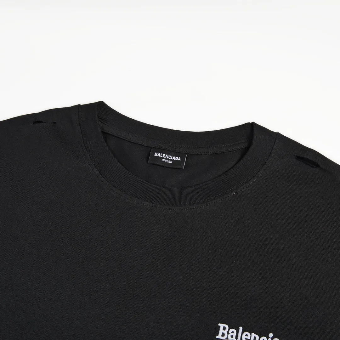 🅿️160 9116# Detailed picture Top version [[BALENCIA*GA] official website quality Paris new Coke embroidered short-sleeved T-shirt OS version Loose dropped shoulders Unisex style Fabric: 260g 100% cotton double yarn Technology: Front and back embroidery Garment washing Shape solid Color: Black White Size: XS S M L