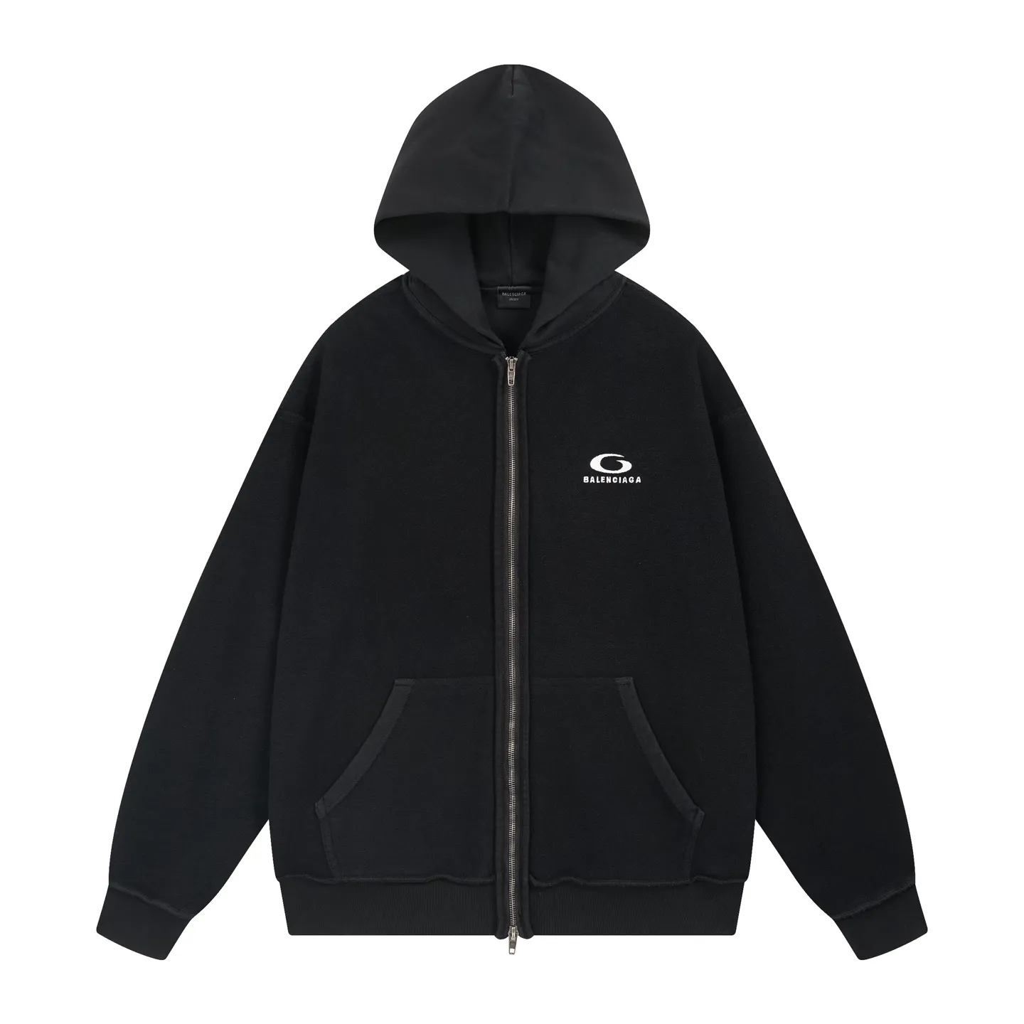 🅿️360 real photos [Top version. Official website quality] BALENCI*GA/2025 new Paris classic LOGO reverse embroidery, washed, distressed, worn, zipper cardigan, hooded sweatshirt. The ready-made garments are stitched on the reverse side and washed, with a full sense of design. Comparisons are welcome. The fabric is made of Paris ZP custom-woven and dyed cotton sweatshirts. Weighing 460 grams, the cloth surface is clean. The cloth pattern is clear, soft and comfortable. The threads are dyed with no color difference. The classic letter LOGO is embroidered on the reverse using an imported Tajima embroidery machine. The effect is three-dimensional. Restore brick cabinet, adopt OS loose shoulder style. Same style for men and women. Code: BL259951 Color: washed black, size: XS S M L