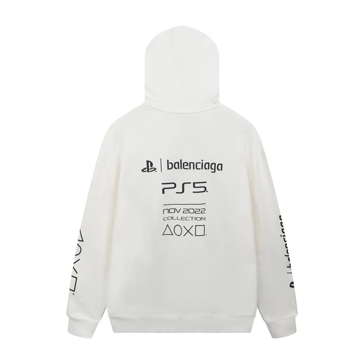🅿️296 Detailed picture [Top version. Official website quality] BALENCI*GA/Paris. Classic model 22SS #BALENCI*GA / PlayStation co-branded. Ps5 letter geometric pattern printed hooded long-sleeved sweatshirt. Autumn and winter brick cabinet synchronization. The fabric is made of Paris ZP custom-woven and dyed 100% cotton double-yarn large sweater. The net weight is 460 grams. The cloth surface is clean. The cloth pattern is clear, soft and comfortable. The threads are woven and dyed with no color difference. The classic letter pattern is made of precision mesh. Imported environmentally friendly rubber paddle printing, the letters are clear. The effect is three-dimensional, restoring the brick cabinet, and the version adopts the OS loose shoulder style. Same style for men and women Coding: BL238085 Color: Black. White Size: XS S M L