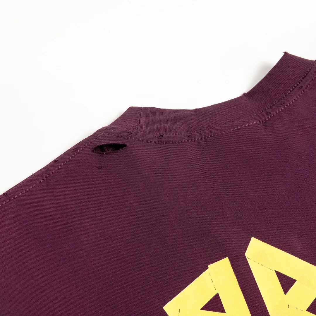 🅿️200 8110# Detailed picture Top version [[BALENCIA*GA] official website quality Paris new yellow tape digital direct spray long-sleeved T-shirt OS version Loose dropped shoulders Unisex fabric: 260g 100% cotton double yarn Process: front and rear digital direct spray Garment wash worn distressed fixed color solid Color: gray blue black white washed blue wine red green Size: XS S M L