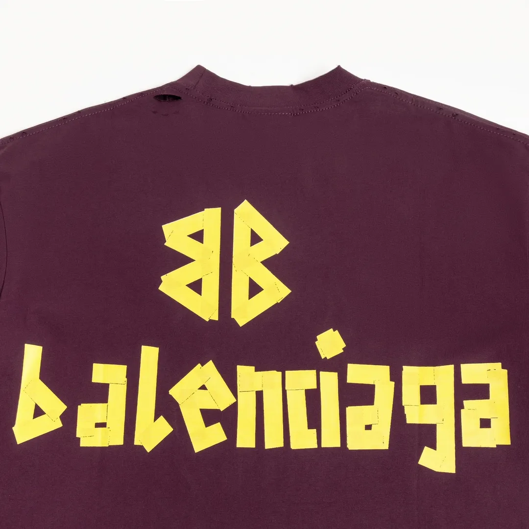 🅿️200 8110# Detailed picture Top version [[BALENCIA*GA] official website quality Paris new yellow tape digital direct spray long-sleeved T-shirt OS version Loose dropped shoulders Unisex fabric: 260g 100% cotton double yarn Process: front and rear digital direct spray Garment wash worn distressed fixed color solid Color: gray blue black white washed blue wine red green Size: XS S M L