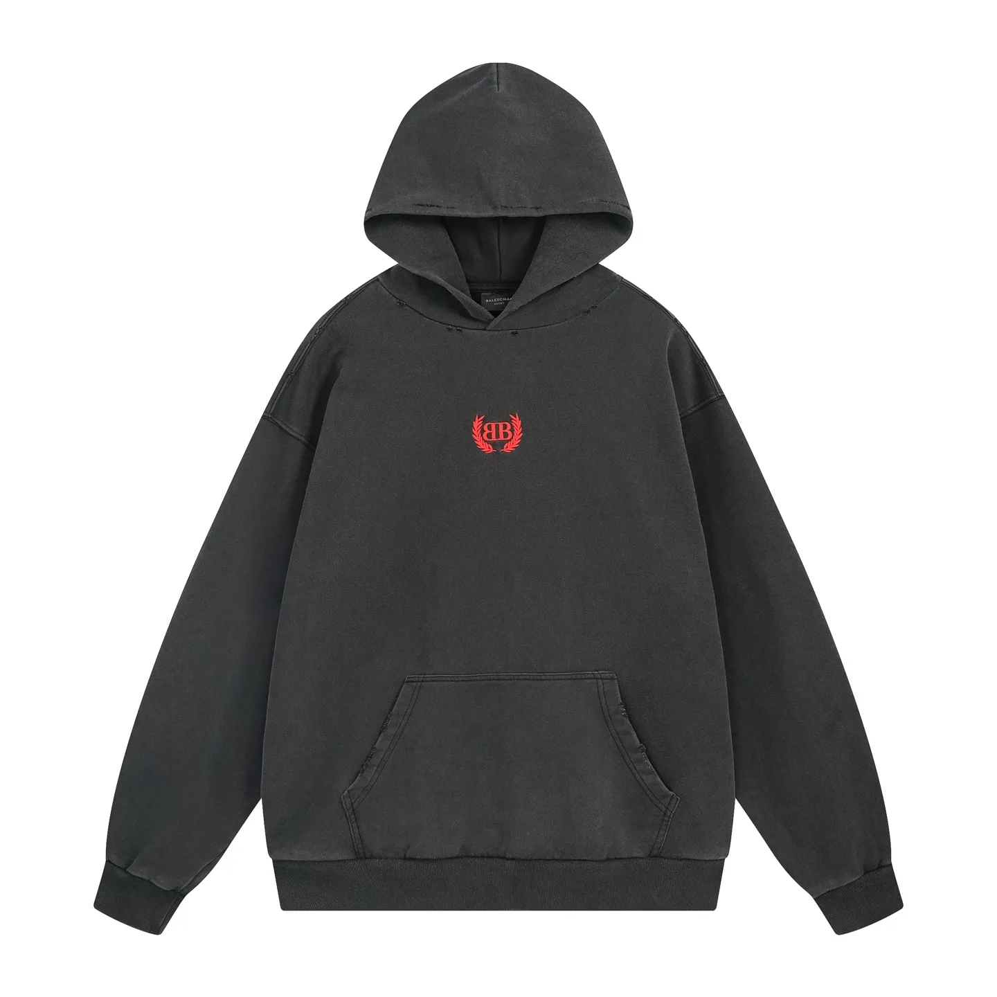 🅿️330 real photos [Top version. Official website quality] BALENCI*GA/Paris #2025 autumn and winter new style washed hooded sweatshirt with wheat ear LOGO embroidered on the chest. The garments are washed and worn to make them look old. Full sense of design, welcome to compare. The fabric is made of Paris ZP custom-woven and dyed cotton sweatshirt. The weight is 460 grams. The cloth surface is clean. The cloth pattern is clear, soft and comfortable. The threads are dyed with no color difference. The classic letter LOGO is embroidered with imported Tajima embroidery machine. The effect is three-dimensional. Restore brick cabinets, adopt OS loose shoulder style. Same style for men and women. Code: BL259917 Color: washed black Size: XS S M L