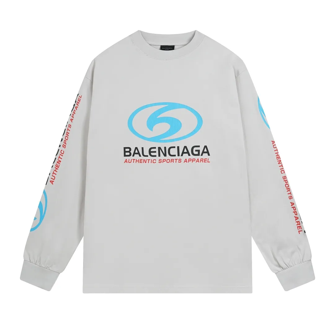 🅿️250 BALENCI*GA Paris surfing pattern long sleeves with letters. The fabric is made of Paris custom-woven double yarn cotton fabric. The weight is 280g. The thread is custom-woven and dyed without color difference. The front and back panels are made of environmentally friendly dot offset printing. Two high-temperature setting washes. os dropped shoulders and loose version. Same style for men and women -Color: gray blue beige -SIZE: XS S M L Style No. 8611#