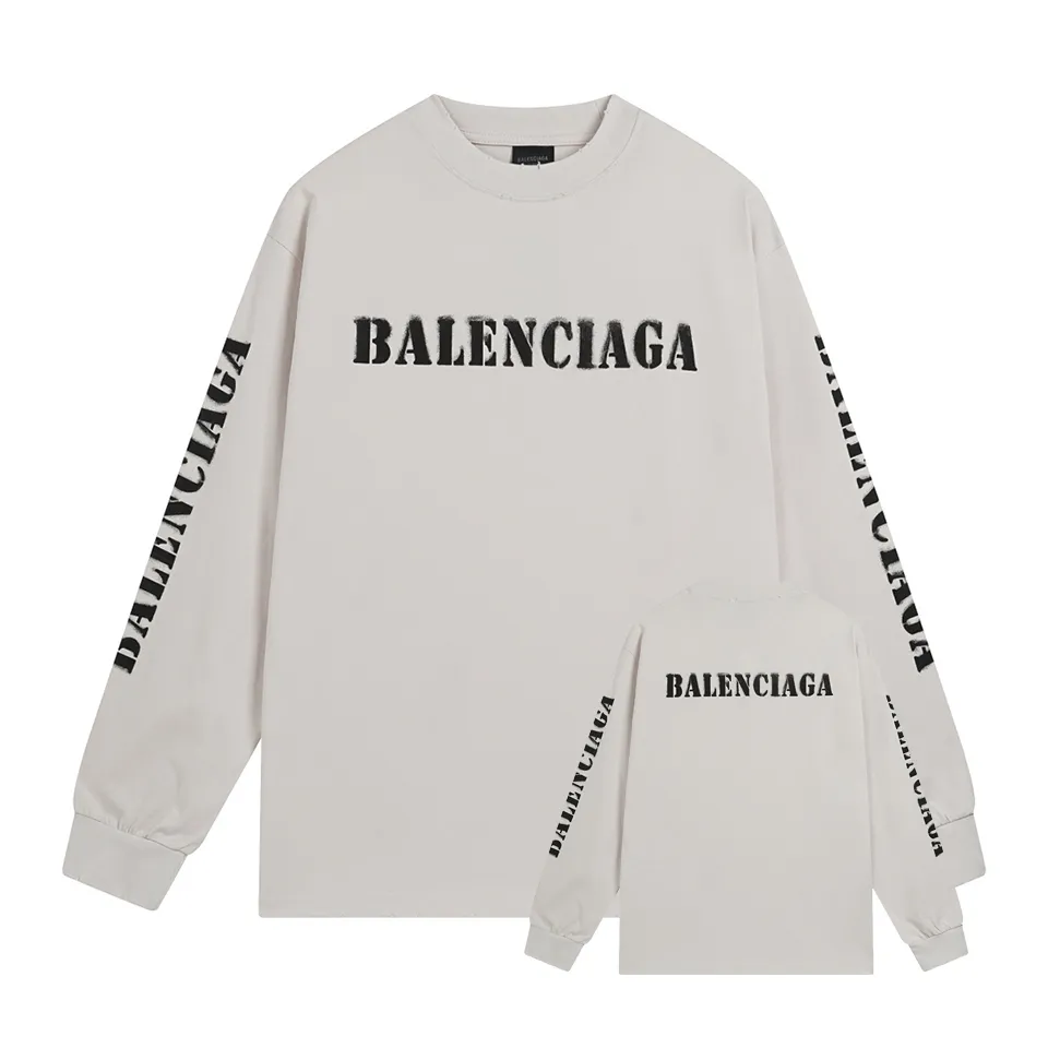 🅿️250 BALENCI*GA Paris blurred letter logo printed distressed long sleeves. The fabric is made of Paris custom-woven and dyed double-yarn pure cotton. The weight is 280g. The thread is custom-woven and dyed without color difference before and after. The printing uses environmentally friendly imported material printing dot direct injection technology. Two high-temperature setting washes. os dropped shoulders and loose version. Same style for men and women -Color: black, off-white -SIZE: XS S M L Style No. 8605#