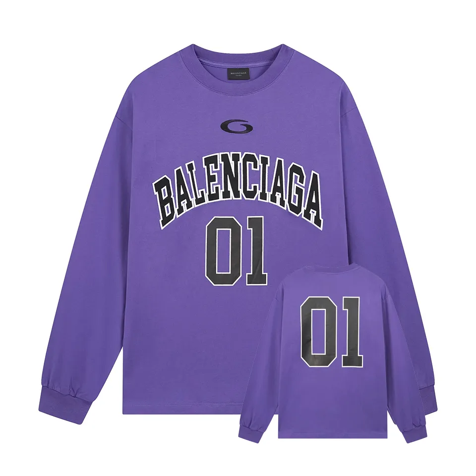 🅿️280 BALENCI*GA latest basketball jersey embroidered printed long-sleeved T-shirt. The front embroidery is embroidered and printed with Tajima computer embroidery machine, the lower left corner is embroidered and printed, and the back piece is printed. The letters are clear. The effect is three-dimensional. Exclusively pattern-woven and dyed 280g fabric. Threads are dyed in the same cylinder with zero color difference. The version adopts OS loose off-shoulder version. Welcome to compare. Same style for men and women -Color: black white purple Cailan -SIZE: Xs S M L Style No. 8536#