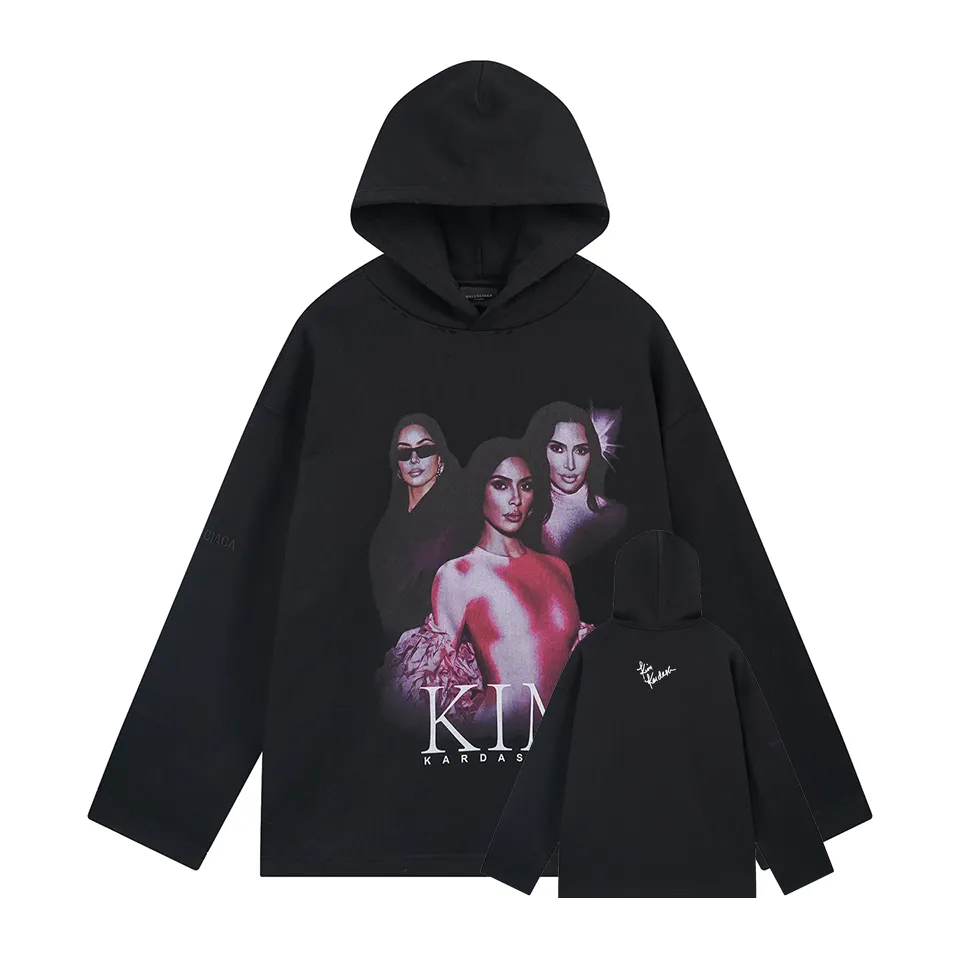 🅿️370 BALENCI*GA Paris Kardashian portrait art style hooded long-sleeved sweatshirt. The front pattern is printed by computer direct printing. The ready-to-wear is washed and worn. Customized matching hardware. The letters are clear. The effect is three-dimensional. Exclusively pattern-woven and dyed 460g fabric. Threads are dyed in the same vat with zero color difference. Brick cabinet synchronization. Welcome to compare. Same style for men and women -Color: Black -SIZE: Xs S M L Style No. 8971#