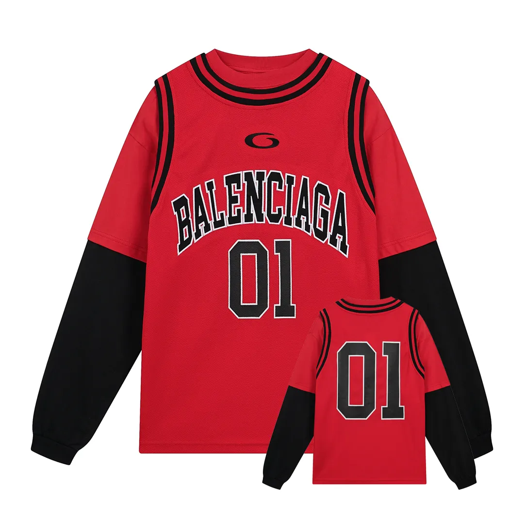 🅿️330 - BALENCI*GA Paris basketball jersey fake 3-piece long-sleeved T-shirt. The front panel is made of imported Tajima machine patchwork, embroidery and printing. The back panel is printed. The vest is made of mesh. Overweight process. Restore brick cabinet. Exclusively pattern-woven and dyed 280g fabric. Threads are custom-dyed in the same cylinder with zero color difference. The version adopts OS loose shoulder design. Welcome to compare. Same style for men and women -Color: black red -SIZE: Xs S M L style number 8641#