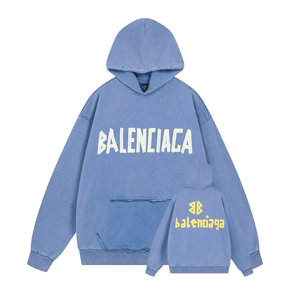 🅿️420 - BALENCI*GA 24ss Paris hot-selling tape hooded sweatshirt. The front and back panels are printed with tape direct printing. Many hand-made grinding. The ready-made clothes are washed and worn. The cloth surface is clean. The cloth pattern is clear, super heavy work. Soft and comfortable. Exclusively pattern-woven and dyed 450g fabric. Threads are dyed in the same vat with zero color difference. Different from the market currency. The version adopts os loose shoulder version. Welcome to compare, same style for men and women. -Color: Iron gray blue, Paris blue, washed black, burgundy, fluorescent yellow, green, khaki -SIZE: XS S M L style number 8912#
