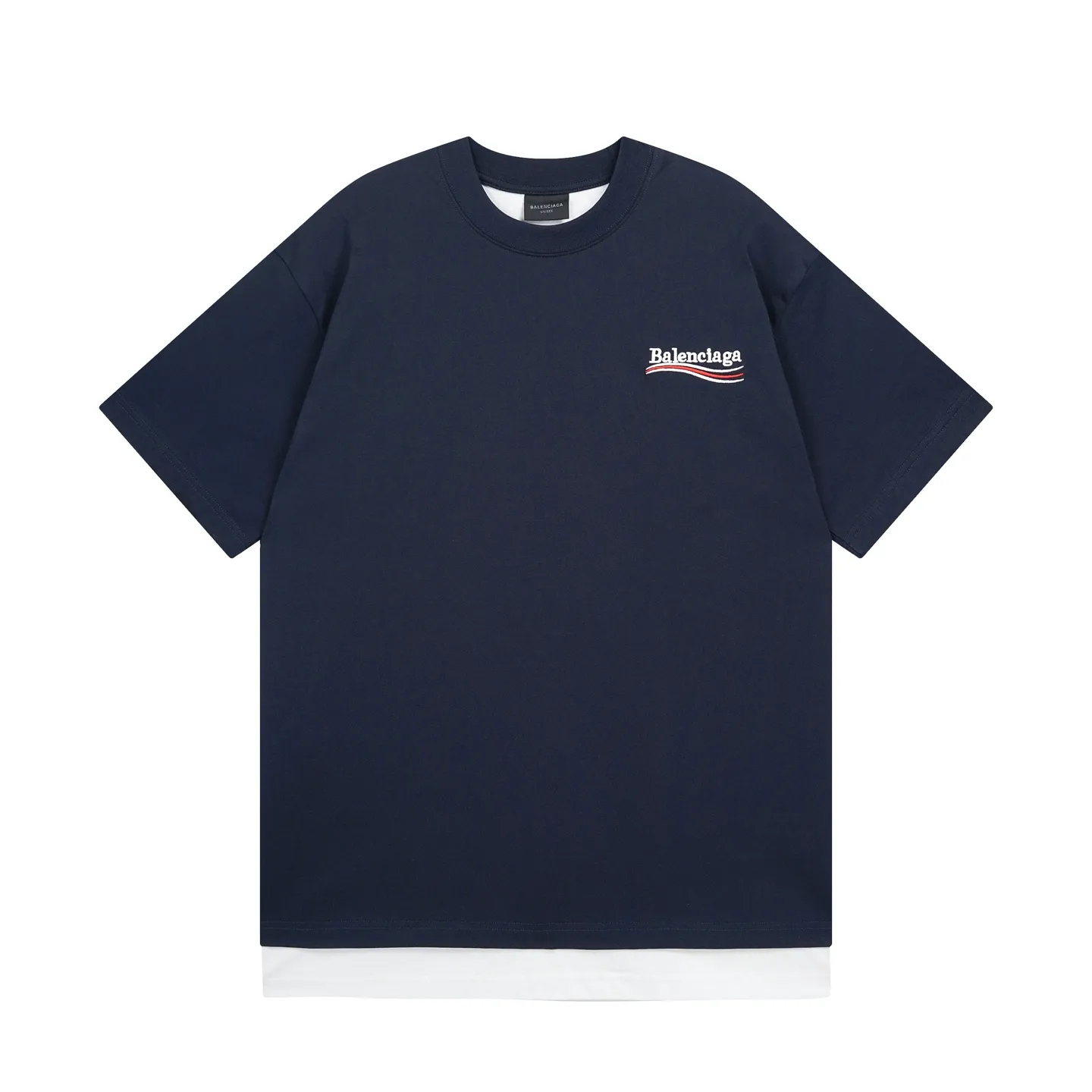 🅿️230 real shots [Top version. Official website quality] BALENCI*GA/SS25 new model. The classic Paris wave LOGO is embroidered on the front and back, double-layered two-piece short-sleeved T-shirt #SS25 latest style. Research and development at the first time, different market currencies. Comparisons welcome. The fabric is made of Paris ZP custom-woven and dyed cotton double yarn. Weighing 260 grams, the cloth surface is clean. The cloth pattern is clear, soft and comfortable. The threads are dyed with no color difference. The embroidery is done using embroidery machines imported from Tajima. Jubie market currency. Welcome to compare. The version adopts OS loose shoulder design. Same style for men and women. Code: BL253709 Color: Dark blue Size: XS S M L