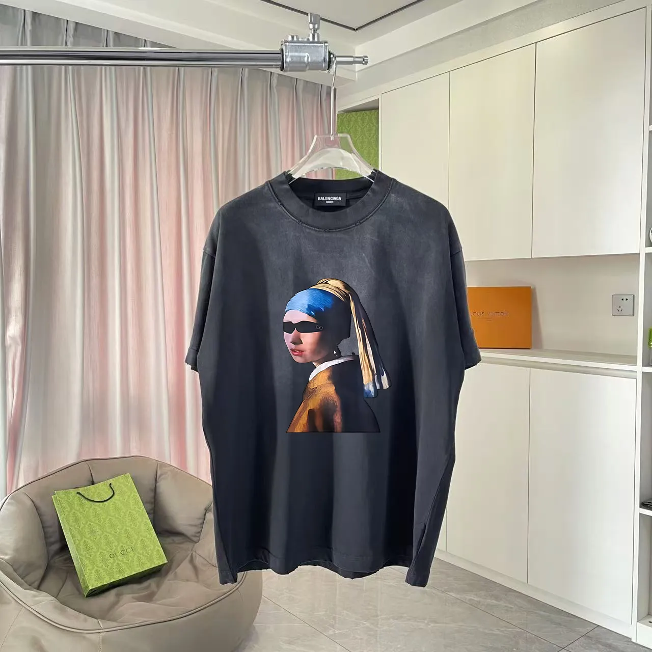 🅿️190 BALENCI*GA Paris 2025 summer new style, washed, distressed, spray-painted, personalized letter logo printing, customized fabric 320g, short-sleeved T-shirt, same style for men and women, size: S M L XL XXL five codes, color: black, white, gradient black, gradient red