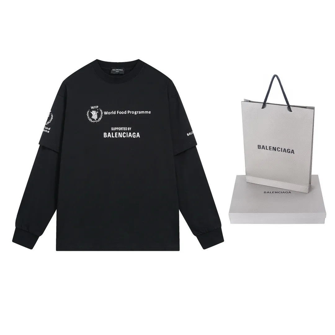 🅿️216 Real photos [Top version. Official website quality] BALENCIAGA/Balenciaga WFP World Food Agency charity limited edition #long-sleeved T-shirt. The fabric is made of Paris ZP custom-woven and dyed cotton double yarn. Weighing 260 grams, the cloth surface is clean. The cloth pattern is clear, soft and comfortable. The ribbing is dyed with no color difference. The classic pattern printing uses environmentally friendly imported glue, micro-foam printing. Precision screen. The letters are clear. No burrs. Strong three-dimensional effect. The version adopts OS loose shoulder version. Same style for men and women. Coding: BL225016 Color: white, black Size: XS S M L