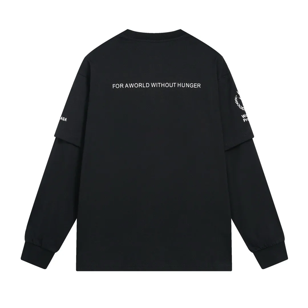🅿️216 Real photos [Top version. Official website quality] BALENCIAGA/Balenciaga WFP World Food Agency charity limited edition #long-sleeved T-shirt. The fabric is made of Paris ZP custom-woven and dyed cotton double yarn. Weighing 260 grams, the cloth surface is clean. The cloth pattern is clear, soft and comfortable. The ribbing is dyed with no color difference. The classic pattern printing uses environmentally friendly imported glue, micro-foam printing. Precision screen. The letters are clear. No burrs. Strong three-dimensional effect. The version adopts OS loose shoulder version. Same style for men and women. Coding: BL225016 Color: white, black Size: XS S M L