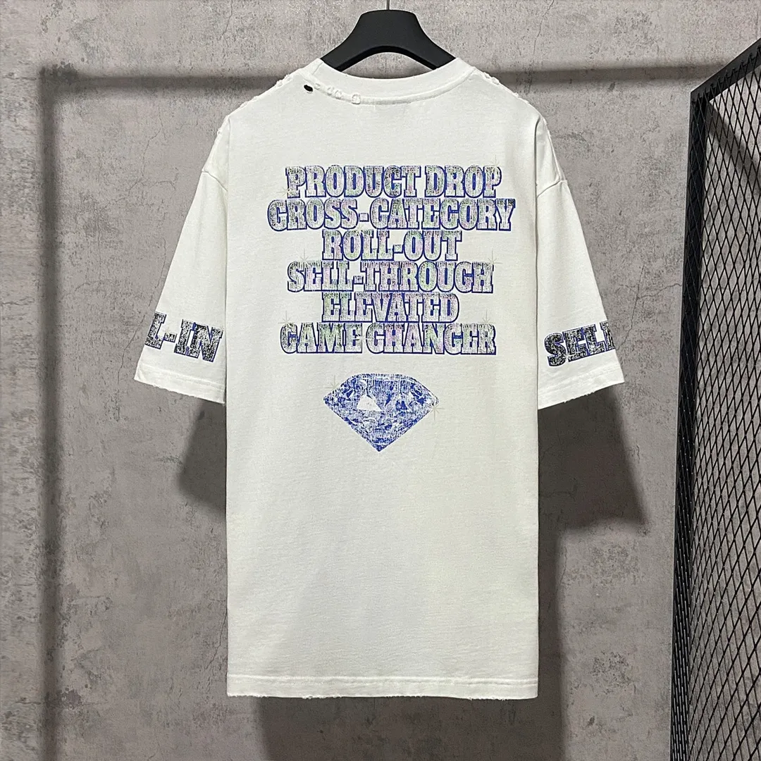 🅿️180 9126# Actual photo top version [[BALENCIA*GA] official website quality Paris new co-branded SEENOWBUYNOW diamond short-sleeved T-shirt OS version loose dropped shoulders Uniform style for men and women Fabric: 260g 100% cotton double yarn Process: front and rear left and right sleeve printing Garment washed, worn, distressed, fixed color Color: washed black, washed blue, white Size: XS S M L
