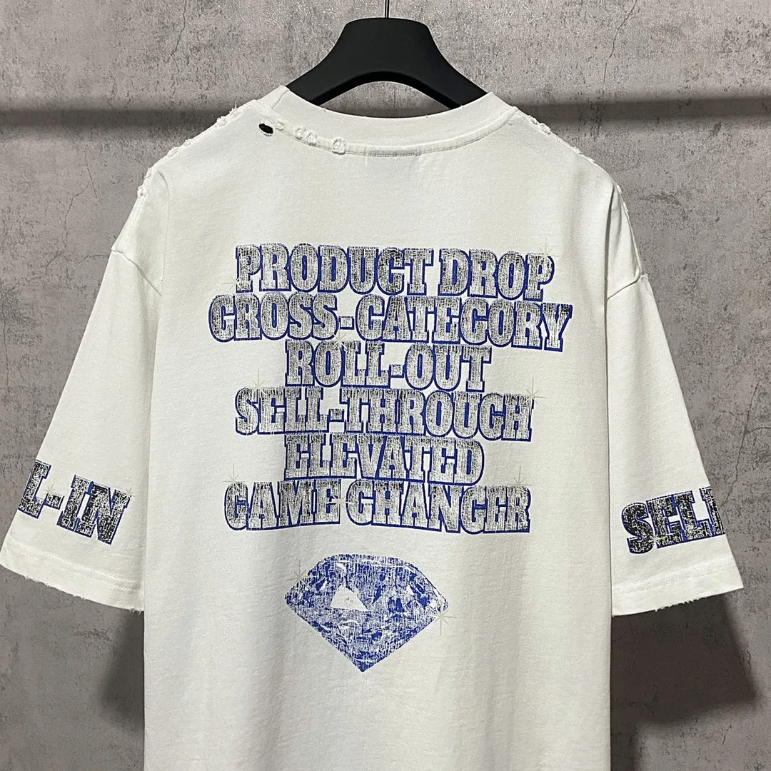 🅿️180 9126# Actual photo top version [[BALENCIA*GA] official website quality Paris new co-branded SEENOWBUYNOW diamond short-sleeved T-shirt OS version loose dropped shoulders Uniform style for men and women Fabric: 260g 100% cotton double yarn Process: front and rear left and right sleeve printing Garment washed, worn, distressed, fixed color Color: washed black, washed blue, white Size: XS S M L
