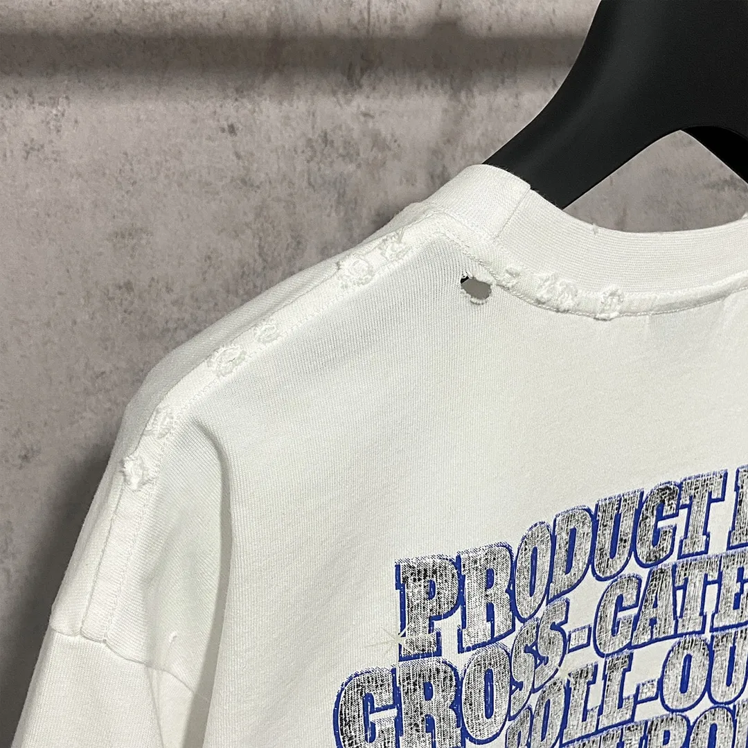 🅿️180 9126# Actual photo top version [[BALENCIA*GA] official website quality Paris new co-branded SEENOWBUYNOW diamond short-sleeved T-shirt OS version loose dropped shoulders Uniform style for men and women Fabric: 260g 100% cotton double yarn Process: front and rear left and right sleeve printing Garment washed, worn, distressed, fixed color Color: washed black, washed blue, white Size: XS S M L