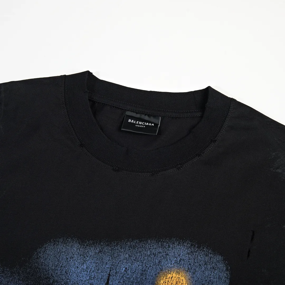 🅿️210 9127# Detailed picture Top version [[BALENCIA*GA] official website quality Paris new Eiffel Tower printed short-sleeved T-shirt OS version Loose dropped shoulders Unisex style Fabric: 260g 100% cotton double yarn Process: front and rear panel printing Garment wash worn distressed fixed color Color: washed black Size: XS S M L