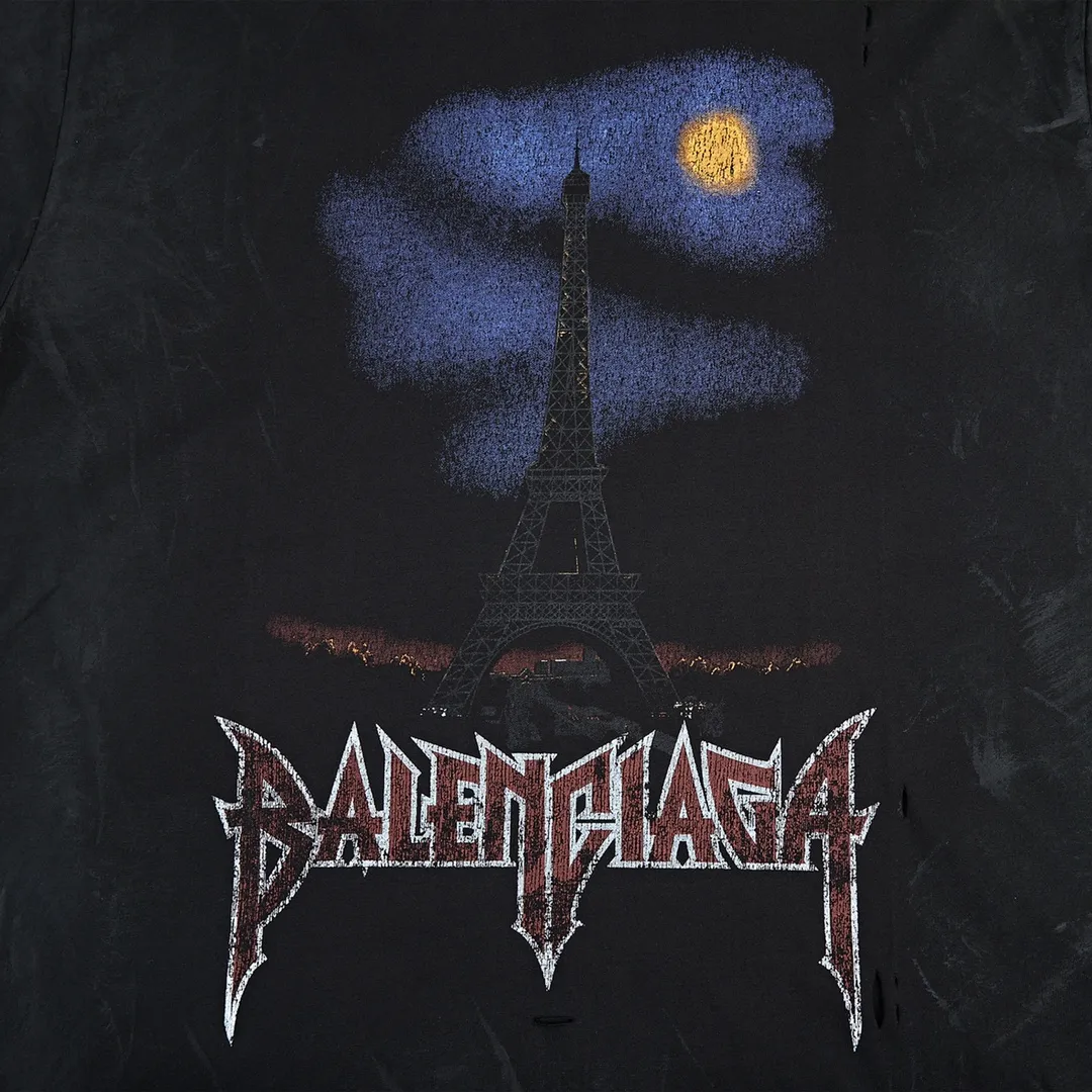 🅿️210 9127# Detailed picture Top version [[BALENCIA*GA] official website quality Paris new Eiffel Tower printed short-sleeved T-shirt OS version Loose dropped shoulders Unisex style Fabric: 260g 100% cotton double yarn Process: front and rear panel printing Garment wash worn distressed fixed color Color: washed black Size: XS S M L
