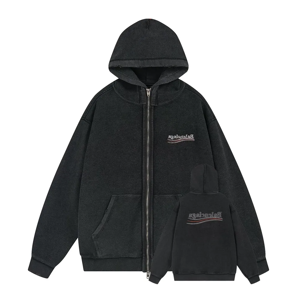 🅿️400 BALENCI*GA Paris reverse Coke embroidery washed distressed hooded zipper sweatshirt. The front and back embroidery is reverse embroidery using imported Tajima embroidery machine. Ready-made garments are stitched on the reverse side. Ready-made garments are washed. Customized matching hardware. Letters are clear. The effect is three-dimensional. Exclusively pattern-woven and dyed 460g fabric. Threads are dyed in the same vat with zero color difference. Brick cabinet synchronization. Welcome to compare. Same style for men and women -Color: washed black -SIZE: Xs S M L style number 8995#