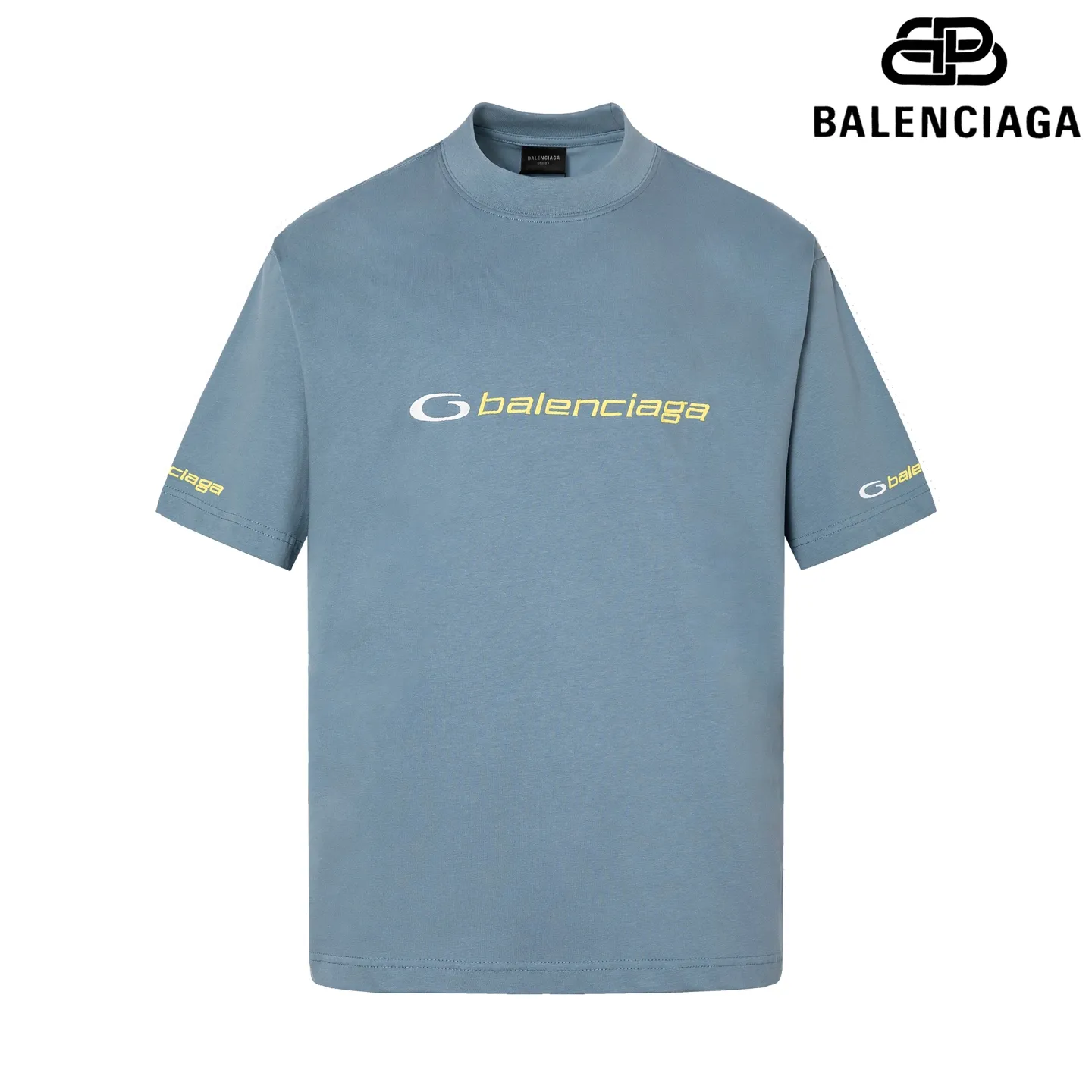 🅿️180 9209# Detailed picture Top version [[BALENCIA*GA] Official website quality Paris new classic letter LOGO embroidered short-sleeved T-shirt OS version Loose dropped shoulders Unisex style Fabric: 260 grams 100% cotton double yarn Craftsmanship: Embroidery on the front and rear panels, left and right sleeves Garment washing Shape solid color Color: Black Mist blue Size: XS S M L